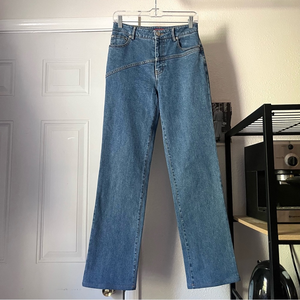 STAUD blue cotton blend denim‎ high rise slim straight cropped jeans